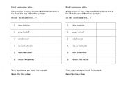 English worksheet: Find Someone who (Likes and Hobbies)