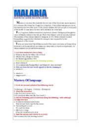 English worksheet: Malaria: comprehension questions