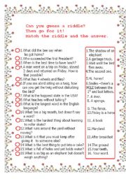 English Worksheet: funny riddles matching task