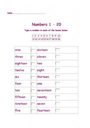 English worksheet: Numbers 1-20