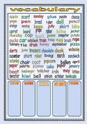 English Worksheet: VOCABULARY (toys-clothes-days/months-school objects-foods)