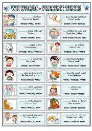 English Worksheet: WH words present tense, multiple choice (BW+key) for beginners