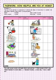 English Worksheet: PAIRWORK: HOW HELPFUL ARE YOU AT HOME? (HOUSEWORK AND FREQUENCY EXPRESSIONS, PRESENT SIMPLE)