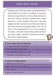 English Worksheet: Annes daily routine (test, exercises, grammar) 2 pages fully editable