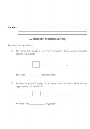 English worksheet: subtraction problem solving