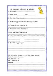 English worksheet: A report about a story