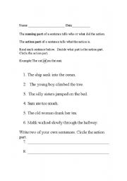 English worksheet: Recognizing the Action in a Sentence