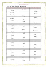 English Worksheet: List of irregular verbs