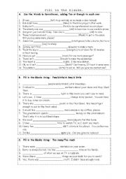 English Worksheet: Too/Enough/Little/Few/Too much/Too many -- Fill in the Blanks 