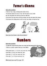 English Worksheet: brainteaser: `farmer`s dilemma` and `numbers` with key