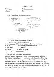 English Worksheet: test(giving direction, describing the place you live in etc)