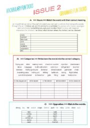 English Worksheet: nouns, categories, adjectives, opposites -  3 matching exercises