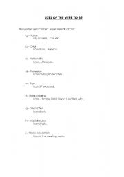 English worksheet: USES OF THE VERB TO BE