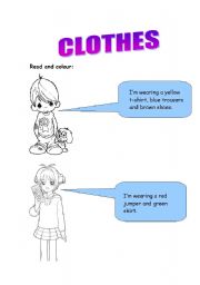 English Worksheet: Clothes, read and colour