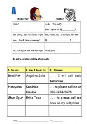 English Worksheet: Telepone conversation role play: May I take a message?