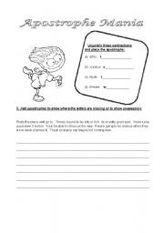 English worksheet: Apostrophe and Contraction