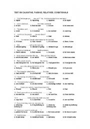 English Worksheet: TEST ON PASSIVE, CAUSATIVE, RELATIVES, CONDITIONALS