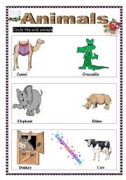 English worksheet: circle the wild animals