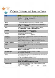 English Worksheet: Glossary of Common Literary and Grammatical Terms