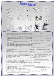 English Worksheet: Animal Idioms with keys and explanation