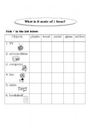 English worksheet: What is it made of / from?