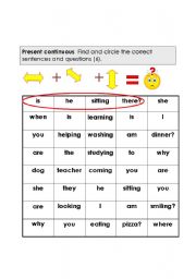 English worksheet: Present Continuous Sentence Word Find