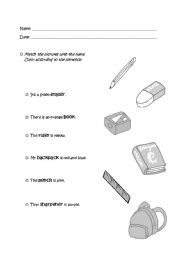 English worksheet: Classroom Material Match and color!