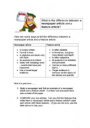 English worksheet: What is the difference between a newspaper article and a feature article?