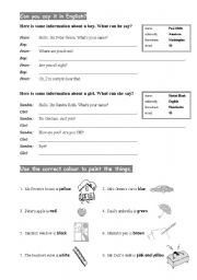 English Worksheet: Introducing oneself & Colours