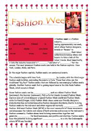 English Worksheet:    FASHION WEEK   - reading, questions, vocabulary practice