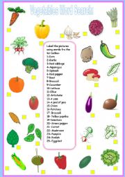 English Worksheet: vegetables word search