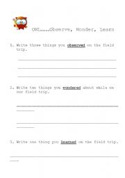English worksheet: OWL....Observe, Wonder, Learn