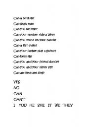 English Worksheet: can-cant questions