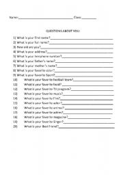 English Worksheet: questions about you
