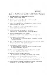 English Worksheet: Quiz on the Olympics and the 2010 Winter Olympics
