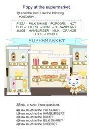 English Worksheet: Popy at the supermarket (junk food + drinks)