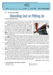 English Worksheet: Test - standing out and fitting in 