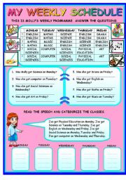 English Worksheet: MY WEEKLY SCHEDULE (DAYS, SUBJECTS)