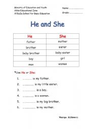 He and she worksheet