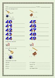 English worksheet: Numbers & Music Instruments