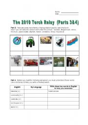 English worksheet: The 2010 Olympic Torch Relay  Parts 3&4 and Key