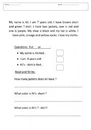 English worksheet:  reading comprehernsion about clothes