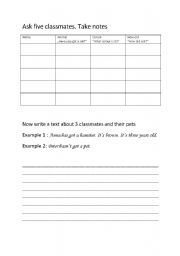 English worksheet: Ask five classmates. Take notes