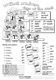 English Worksheet: ORDINAL NUMBERS AND DAYS OF THE WEEK