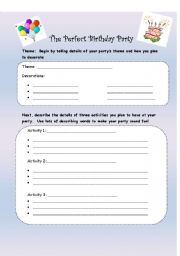 English Worksheet: The Perfect Birthday Party Writing Organizer