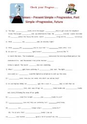 English Worksheet: Five tenses - Present  Simple + Progressive, Past Simple + Progressive, Future