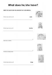 English worksheet: What does he/ she have?