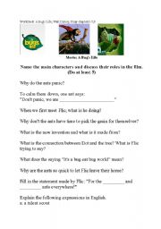 Bugs life movie worksheet