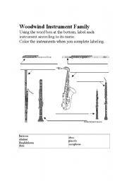 English Worksheet: Woodwind Instrument Family