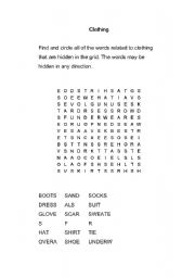 English Worksheet: clothing wordserch